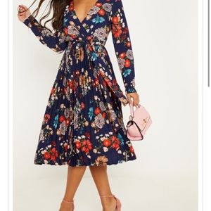 Navy Floral Long Sleeve Pleated Midi Dress